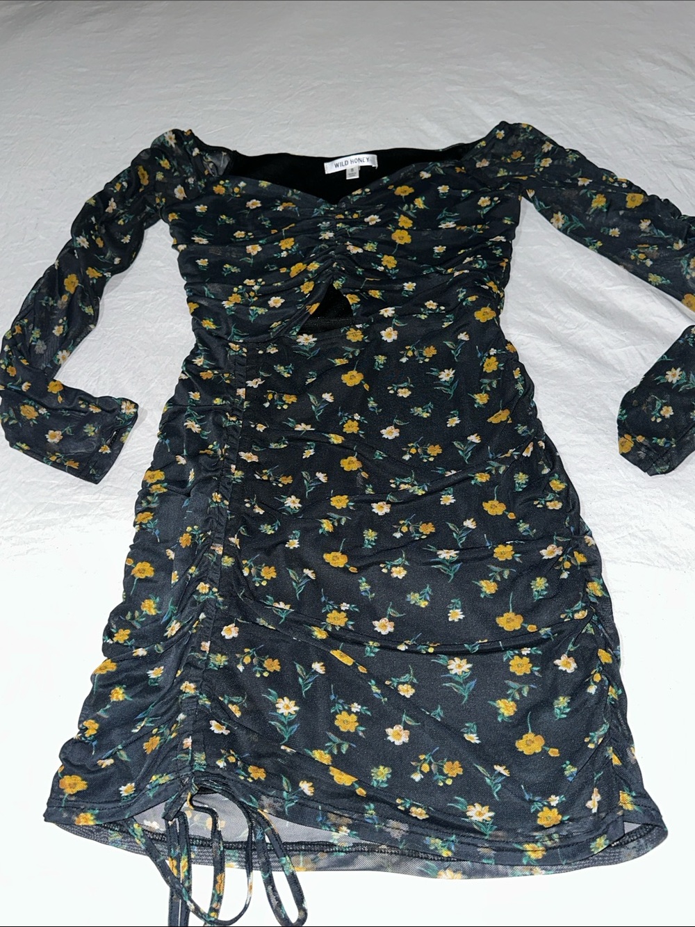 Wild Honey Black Floral Ruched Mini Dress with Orange & Cream Flowers
